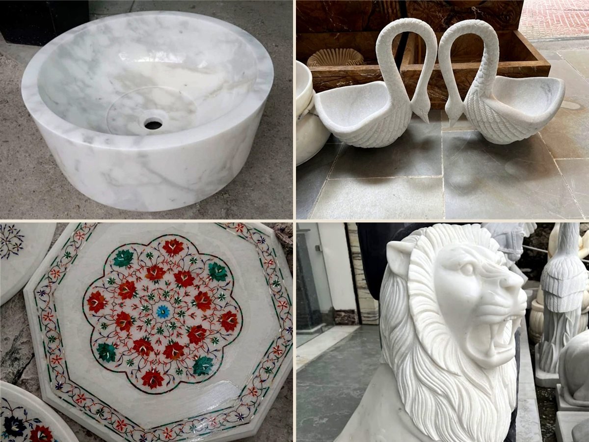 Real marble pieces from our partner workshops: a round vessel washbasin, a pair of carved swan bowls, a floral stone-inlay top and a carved lion